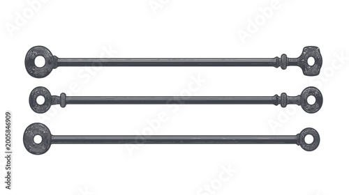 Three stylized, dark gray bars with decorative ends and eyelets against a white background