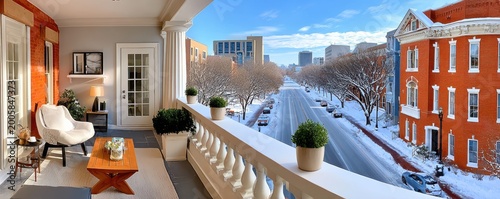 Snow-covered Washington D.C. street view from a cozy balcony with redbrick rowhouses and columns