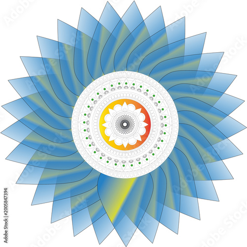 Symmetrical Geometric Mandala with Layered Petal Patterns and Radiant Centre