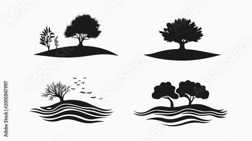 Four black and white illustrations of trees on rolling hills, some with water elements and birds