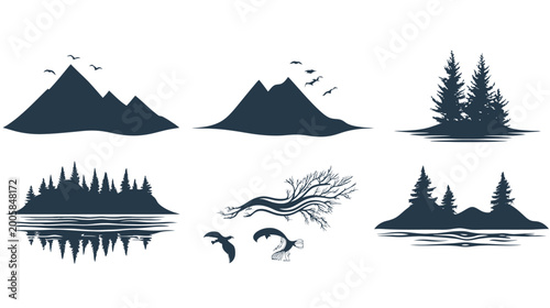 A collection of nature-inspired silhouette illustrations including mountains, trees, birds, and water reflections