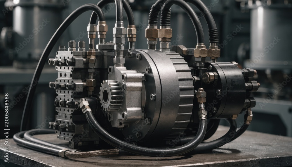 Obraz premium Medium frame showing the compact hydraulic power unit assembly emphasizing tight component fitting and detailed hose connections on a sturdy work surface.