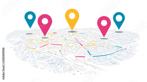 A map graphic showing a city with colored markers on it. Perspective view. Roads highlighted