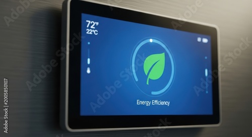 A sleek digital thermostat displaying energy efficiency on a wall energy efficiency temperature disp