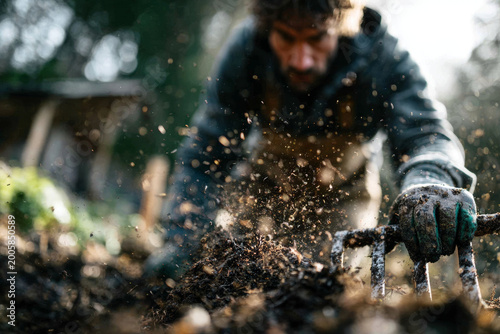 Professional close up of young urban farmer turning steaming organic compost on rooftop