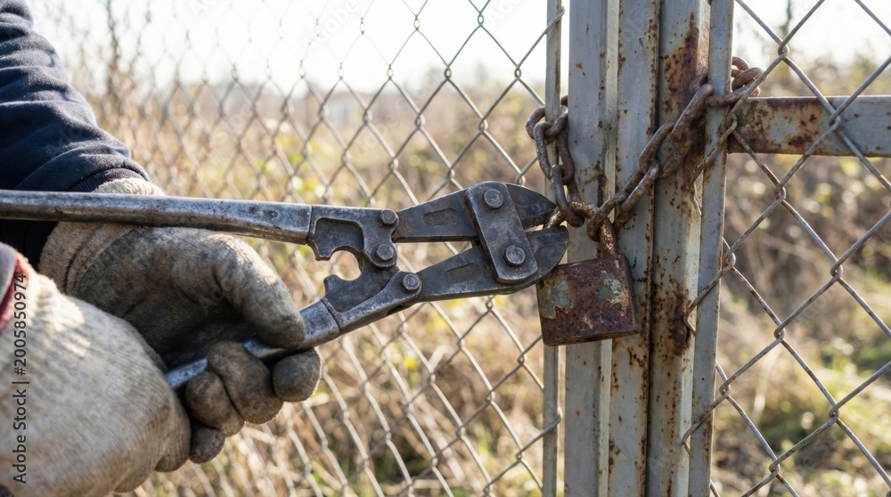 Obraz premium Person wearing thick work gloves using heavy metal bolt cutters to break off a rusty padlock from a chain link gate