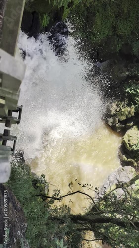 A close-up view of the Iguazu Falls from a tourist bridge in Iguazu National Park and Reserve in Argentina in June.
