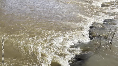 A view of the rapids and rushing waters of the Iguazu River in Iguazu National Park and Reserve in Argentina.
