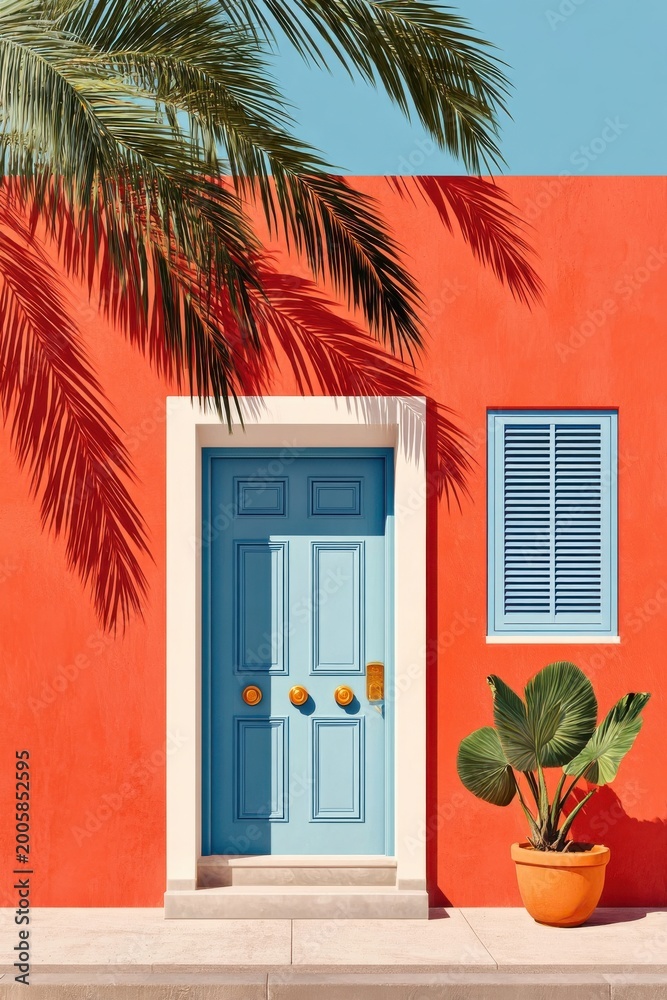Fototapeta premium Sunlit blue door and vibrant orange facade with palm shadows and potted plant on a summer day