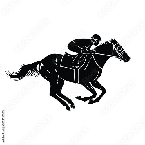 A jockey riding a horse at full speed in a horse race, depicted in silhouette.