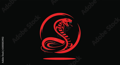 Fotografía Stylized Red Cobra Snake Emblem on Black Background.