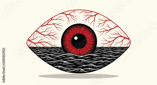 Photos Surreal Eye Illustration with Red Iris and Veins Above Water.