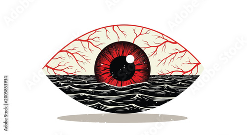 Foto Surreal Red Eye Over Dark Water Illustration.