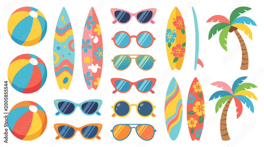 Obraz premium Colorful Summer Beach Vacation Icons Set. EPS Editable. Vector Illustrations.