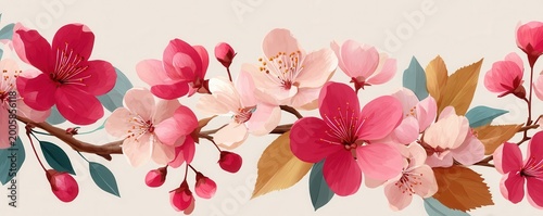 Pink cherry blossom floral border and frame with delicate spring flowers on white background