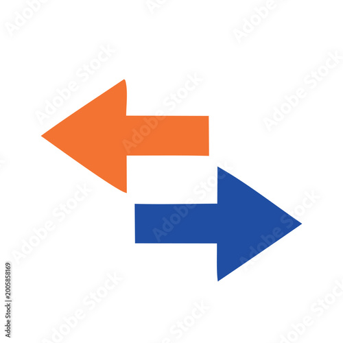 Free Download Vector illustration of two horizontal arrows pointing in opposite directions, orange and blue. Conceptual icon for data transfer, exchange, transaction, synchronization, and left-right movement. - GFXLoad
