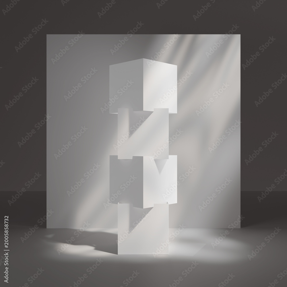 Fototapeta premium Abstract stacked cube totem mockup with soft light and shadows