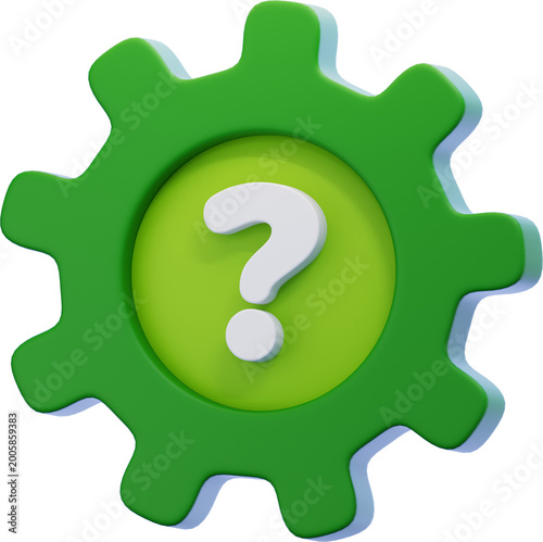 technical question 3D icon. green gear with question mark. technical support and engineering inquiry. technology and help