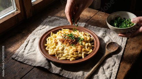 Kasespatzle with Melting Cheese and Crispy Onions on Rustic Farmhouse Table