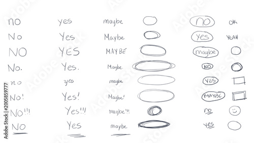 Handwritten words, yes, no and maybe in various styles with circles and underscores.