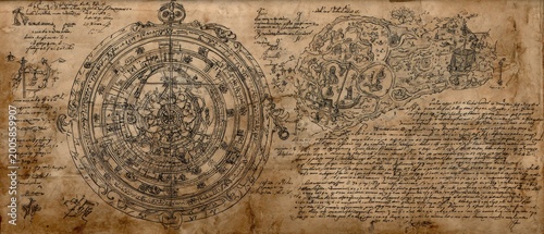 Intricate engraved antique sketch of an astrolabe and a map of a fictional 