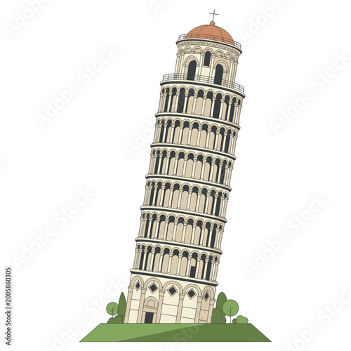 The Leaning Tower of Pisa, a renowned architectural marvel, stands gracefully against a clear background