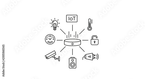 Internet of Things (IoT) concept illustration: central hub connecting smart devices like camera, light, clock, thermometer, lock, speaker.