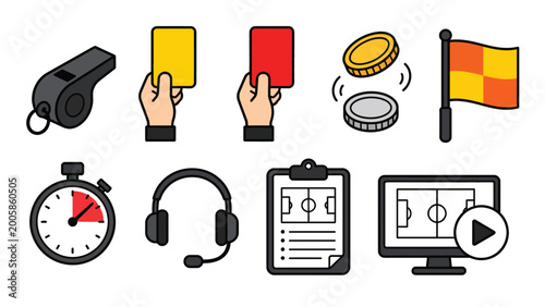 Photos Soccer referee icon set with whistle cards stopwatch headset and match tools fla