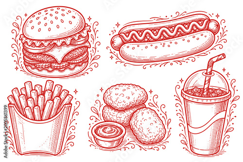 Fast food vector set featuring burger, hot dog, fries, nuggets, and soda in decorative style