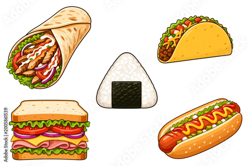Street food vector set featuring wrap, taco, hot dog, sandwich, and onigiri