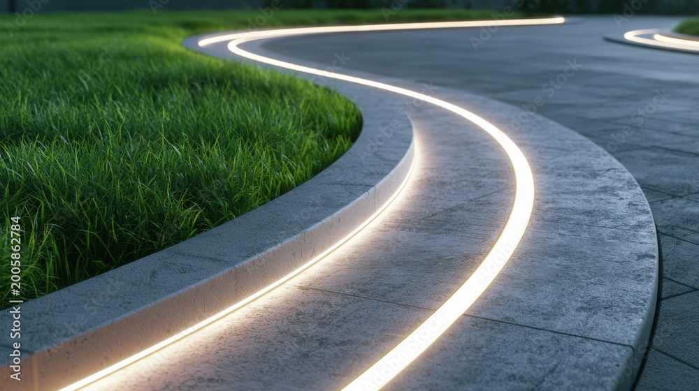 Obraz premium Illuminated curved pathway in a modern park at twilight.