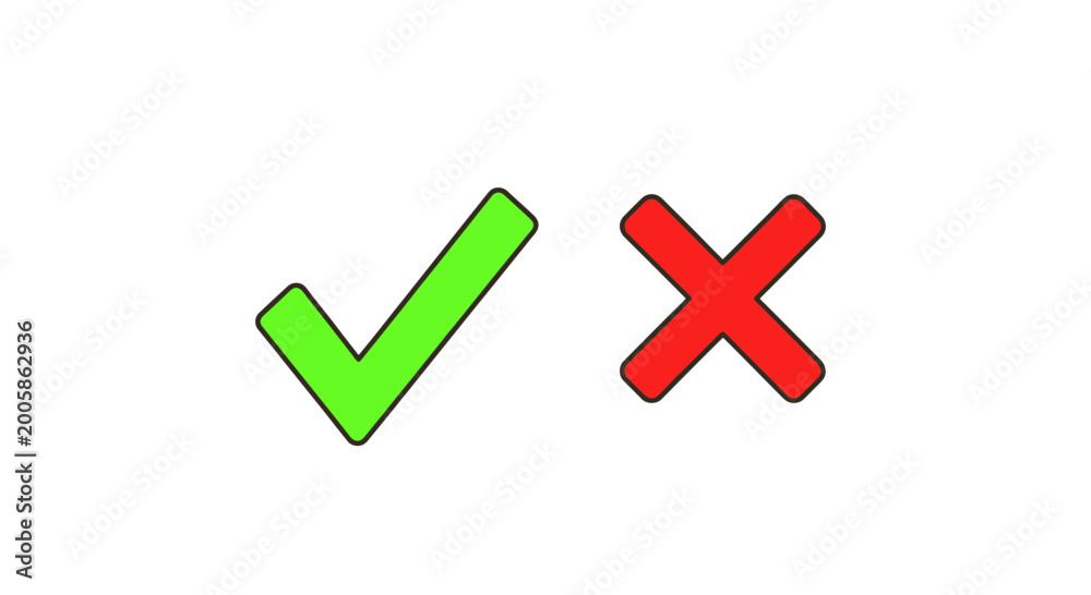 Obraz premium Green Check Mark and Red Cross Symbol on White Background