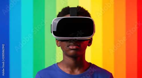 Young person in headset, colorful backdrop
