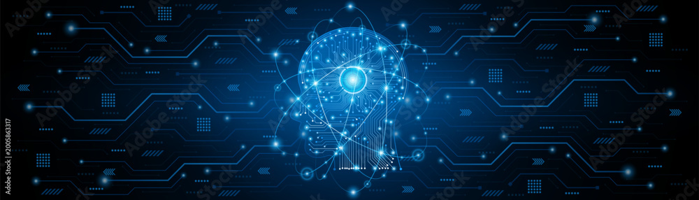Obraz premium Futuristic AI human head with circuit board and glowing digital brain on dark blue background for technology and innovation concept.