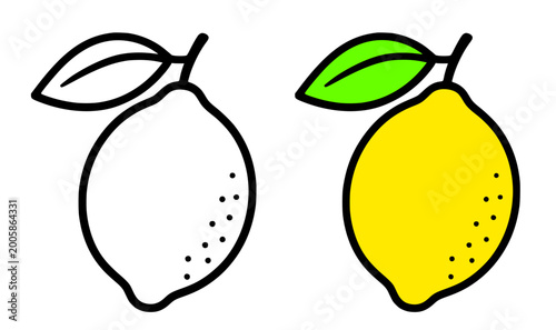 Lemon icon illustration, in line art and colored design, for coloring page