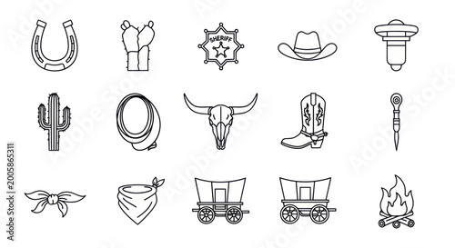 Tableau sur toile Western Cowboy Icons Set: Horseshoe, Cactus, Sheriff Badge, Hat, Lasso, Boot