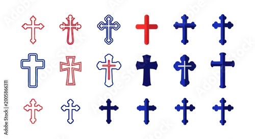 Obraz na płótnie Collection of Christian Cross Symbols in Red and Blue Colors on White Background