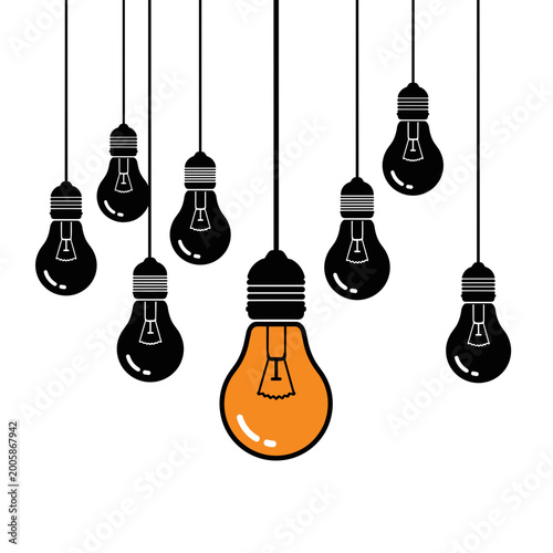 Seven Black Lamps and One Lit Orange Lamp – Concept of Uniqueness and Inspiration