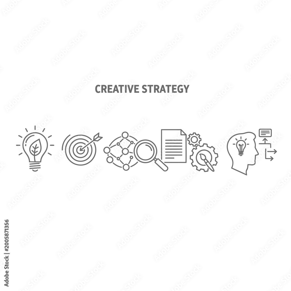 Obraz premium Creative Strategy Icons: Idea, Target, Analysis, Document, Gears, Human Head