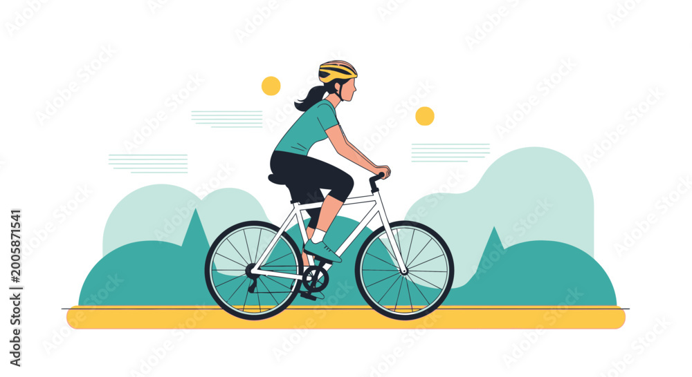 Fototapeta premium Woman cycling on a road with green hills and yellow sun, healthy lifestyle, outdoor activity
