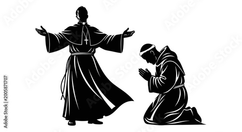 Konstfotografi Priest Blessing Kneeling Monk Silhouette, Faith and Spirituality