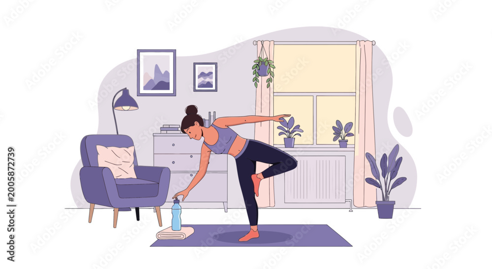 Fototapeta premium Woman practicing yoga at home, balancing on yoga mat in living room, healthy lifestyle