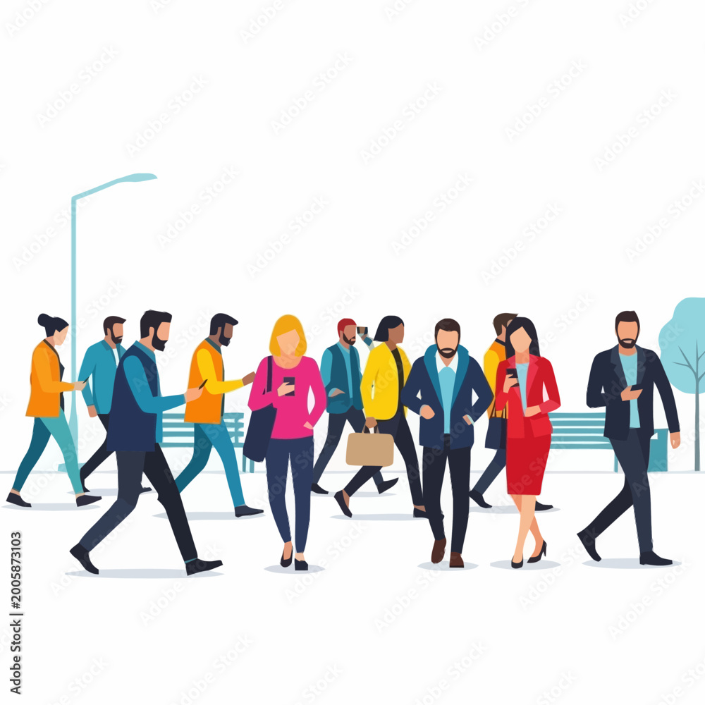 Obraz premium Diverse group of people walking on city street, using smartphones, busy urban life