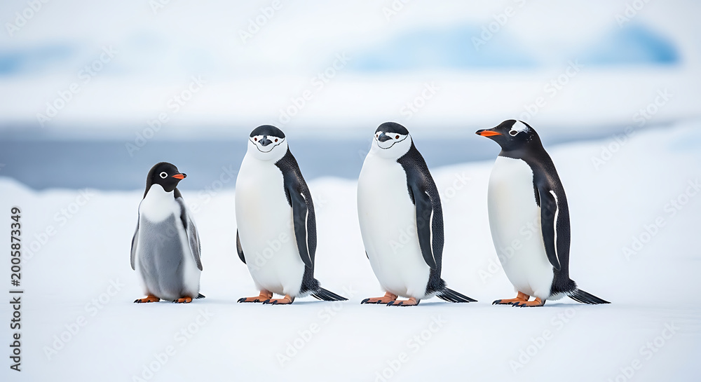 Obraz premium Four penguins standing in a line on a snowy Antarctic landscape, one chick smaller than the adults, cool blue and white tones, natural wildlife scene