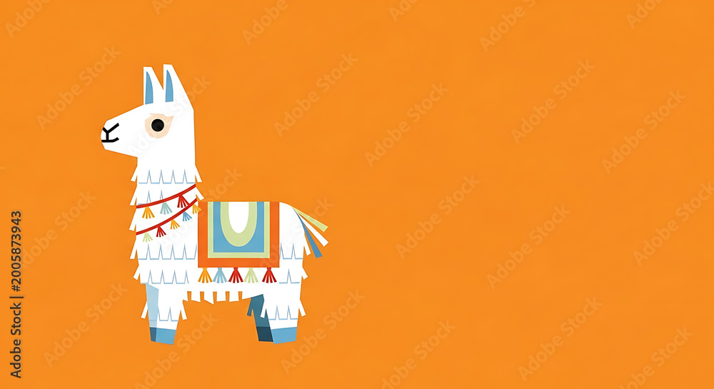 Fototapeta premium Pixel art llama with colorful saddle and festive adornments, standing against a solid orange background, digital illustration