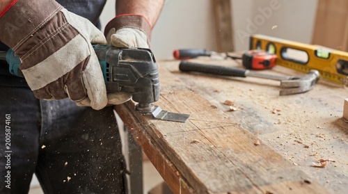 Craftsman with arthritis using oscillating multitool on reclaimed barnwood