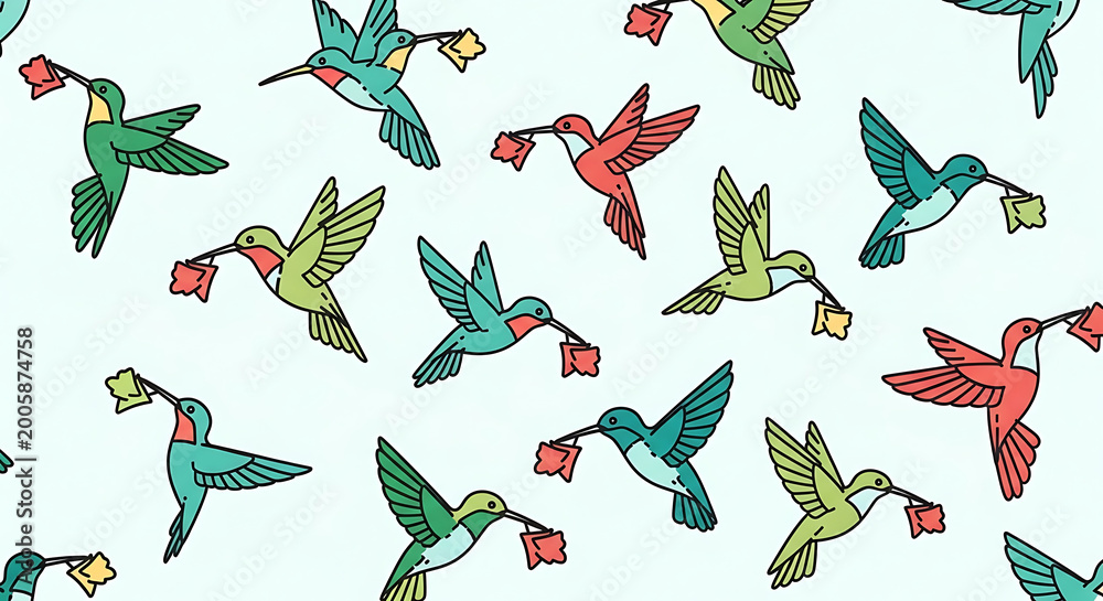 Naklejka premium Seamless pattern of pixelated hummingbirds carrying small flowers, playful illustration, vibrant colors, whimsical airborne design for textiles or wallpaper