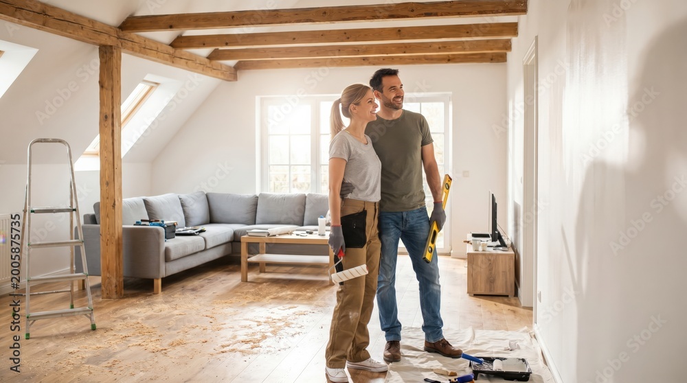 Fototapeta premium Proud millennial couple completing their first major sweat equity attic project