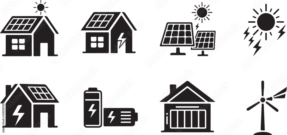 Fototapeta premium Renewable energy icons set with solar panels and wind turbines and battery