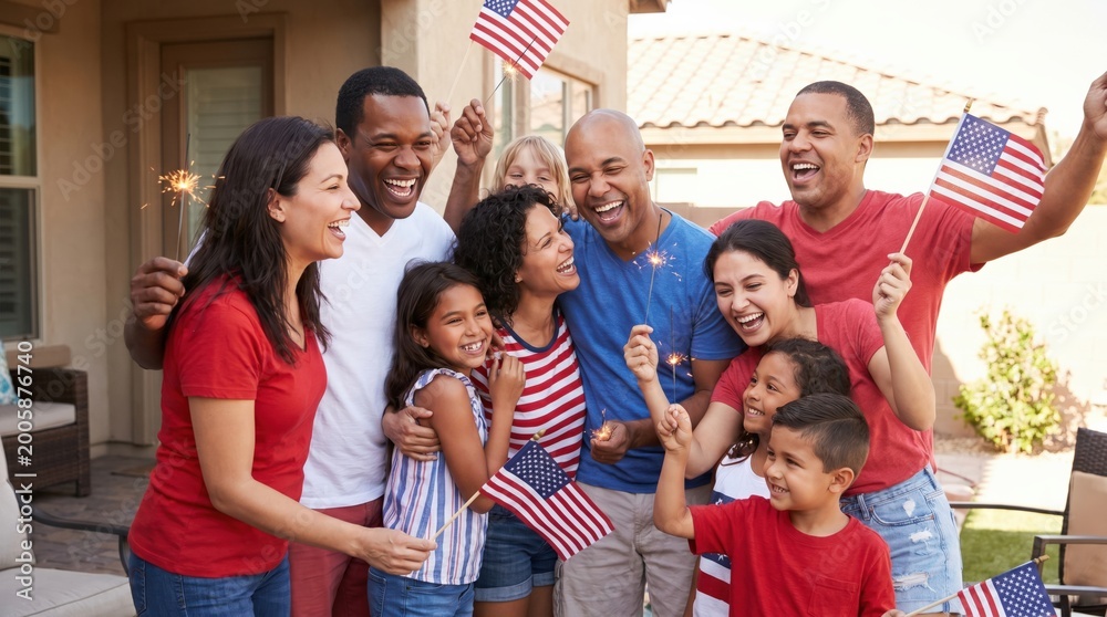 Fototapeta premium Extended family posing for photo on porch during summer backyard reunion